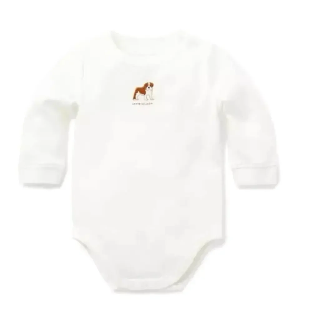 White Baby One-Piece Bodysuit with Dog Embroidery